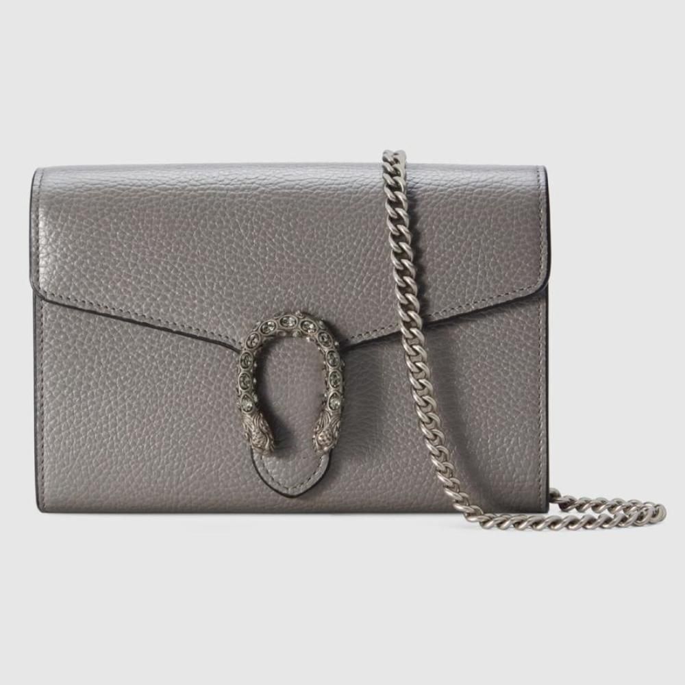 Gucci Chain Wallet Dusty Gray Silver Crystal Tiger Head Leather